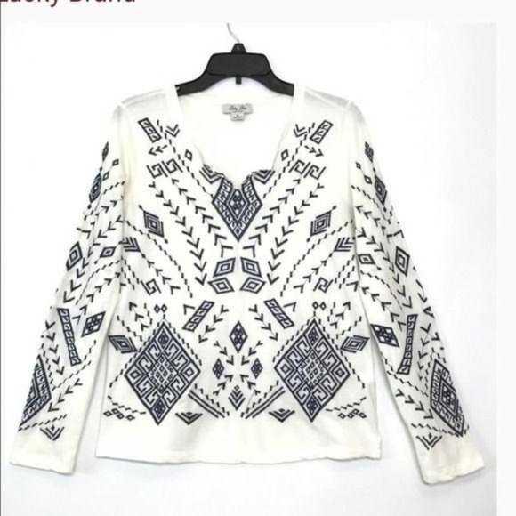 Lucky Brand Tops - Lucky Brand Boho Embroidered Pullover Shirt Ivory Blue Size Medium